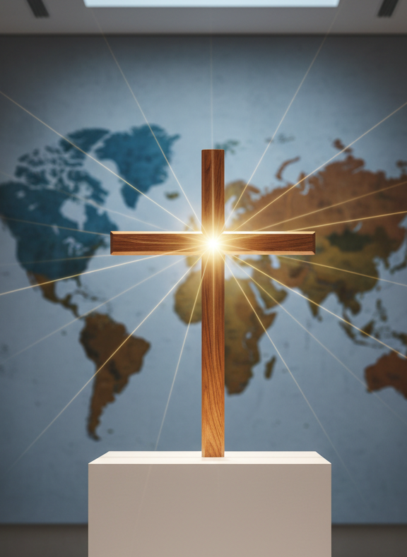 An elegant wooden cross standing on a minimalist white pedestal in a clean, modern sanctuary interior. Behind it, a large world map rendered in muted blues and earth tones stretches across the wall, with thin illuminated lines connecting different continents to a glowing central point at the cross. Soft, diffused overhead lighting and gentle wall sconces wash the scene in warm light, casting delicate shadows that emphasize depth and texture. The mood is aspirational and global, highlighting the mission to advance the cause of Christ worldwide. Photographic realism, composed with the cross on the rule of thirds and the map slightly out of focus, creates a clear focal point while suggesting expansive international ministry.
